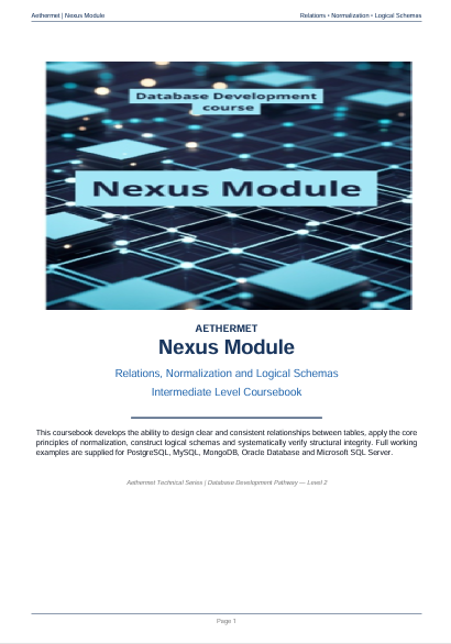 A digital preview page of the Aethermet Nexus Module Database Development Course book cover, featuring a dark blue and black grid pattern with glowing blue lines and white text, on a white page background.