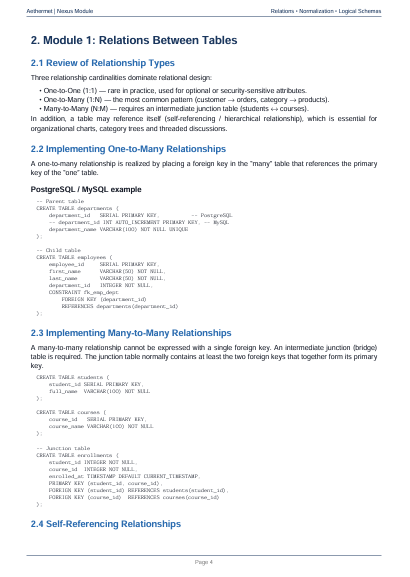 A digital preview page of a technical document or ebook about database relationships, titled 'Module 2: Relations between Tables'. The page features black text on a white background with blue section headers, outlining relationship types, implementing one-to-many relationships using PostgreSQL and MySQL, and self-referencing relationships.