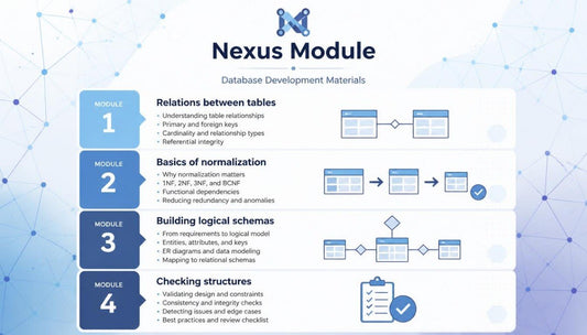 An educational infographic titled 'Nexus Module' for 'Database Development Materials', outlining four modules (Relations between tables, Basics of normalization, Building logical schemas, Checking structures) with text descriptions and diagrammatic flowcharts on a light blue background.