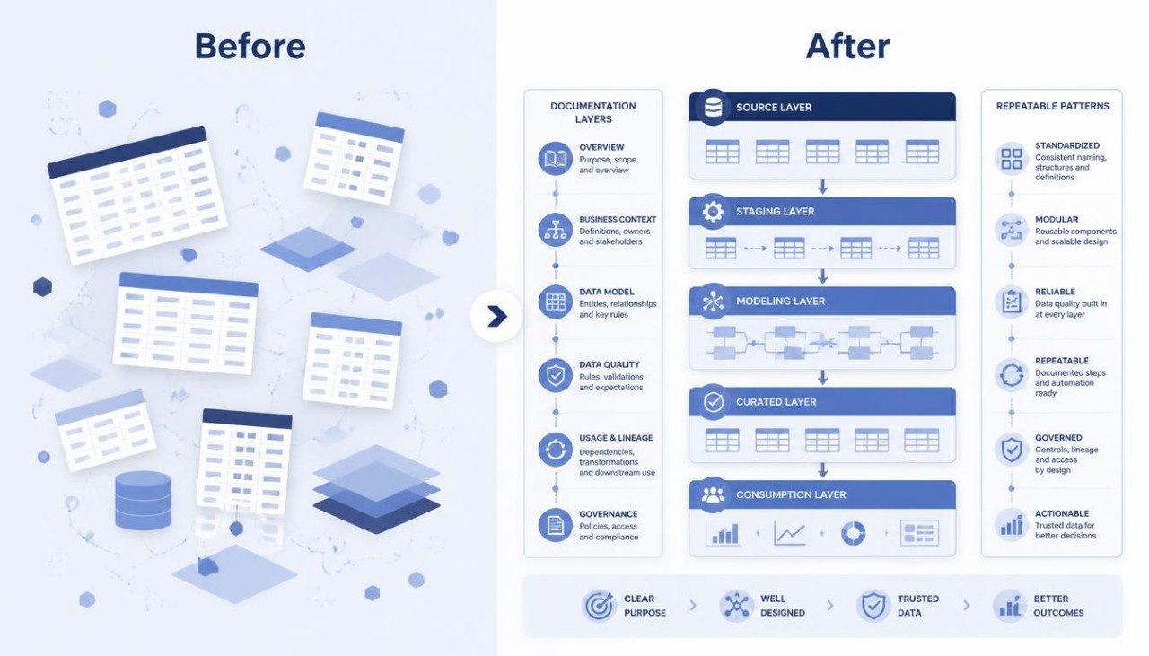 A digital infographic comparing a 'Before' state with an 'After' state, likely illustrating data documentation or database architecture. The left 'Before' section features light blue isometric icons of folders and databases.