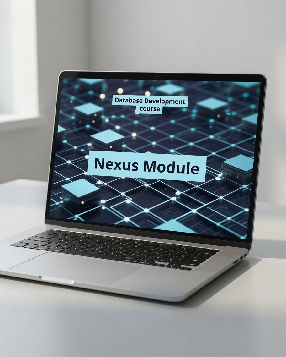An open silver laptop on a light gray surface, displaying a digital course screen with the text 'Nexus Module' and 'Database Development course' over a dark blue grid graphic.