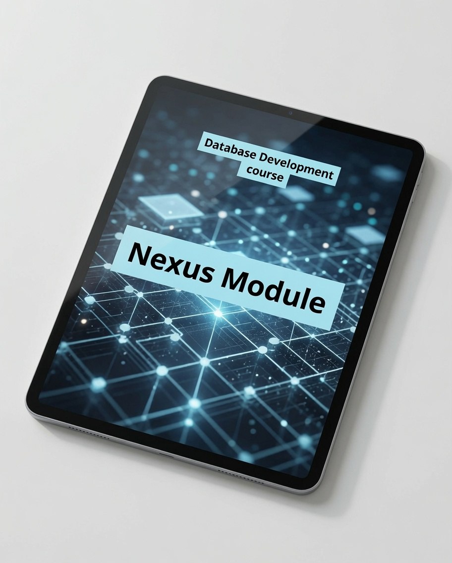 A tablet device shown at an angle on a light gray background, displaying a digital cover for a 'Database Development course' titled 'Nexus Module' with a blue and white network graphic.