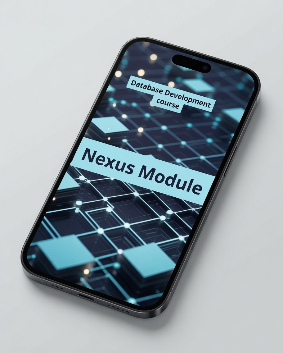 A black smartphone angled on a light gray background, displaying a digital course cover that reads 'Database Development course' and 'Nexus Module'.