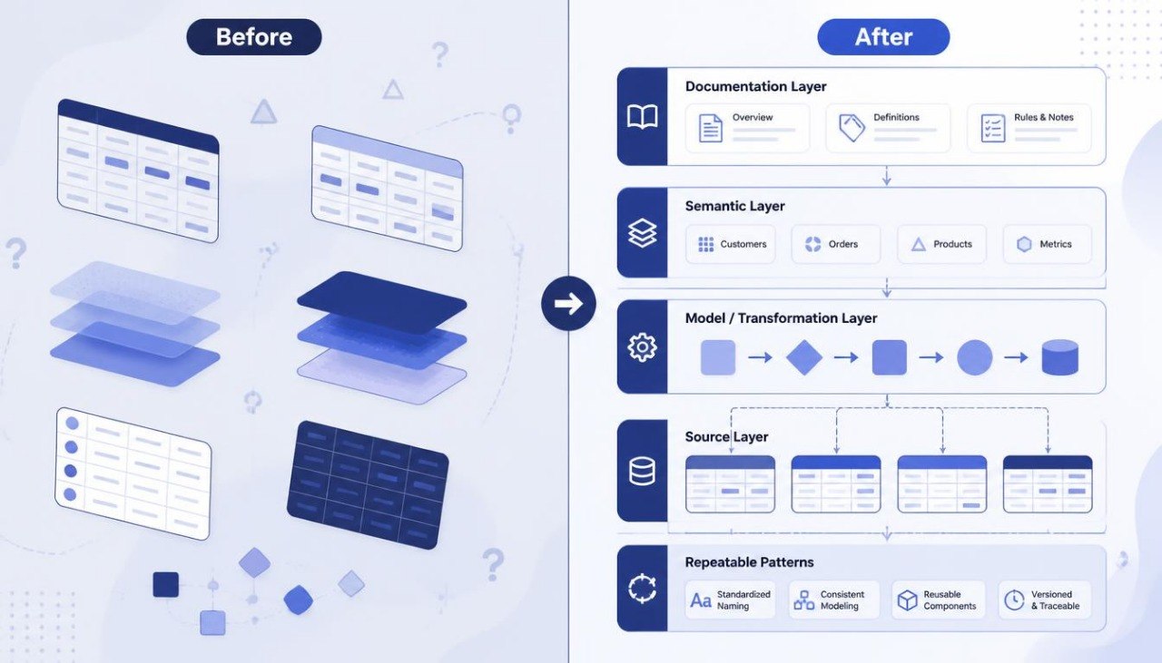 A digital infographic comparing a 'Before' state with an 'After' state using blue and white vector illustrations. The left side shows abstract layered diagrams and question marks under a 'Before' heading.
