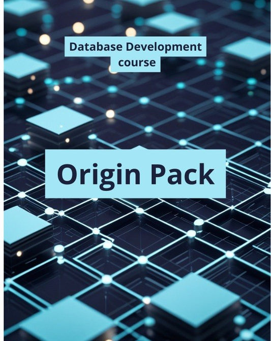 Digital cover graphic for a 'Database Development course' titled 'Origin Pack', featuring a 3D abstract network or circuit board design in shades of blue, cyan, and black.