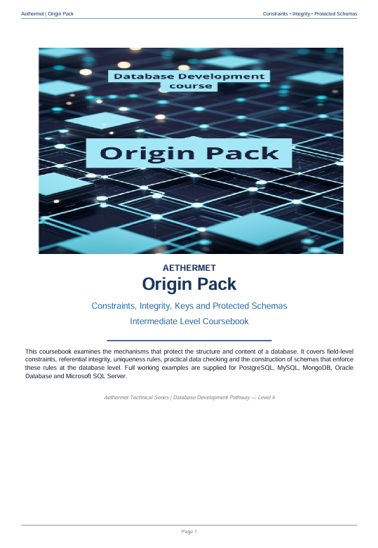 A digital cover page for the Aethermet Origin Pack Intermediate Level Coursebook, featuring a blue and black digital circuit graphic at the top and black text on a white background below.
