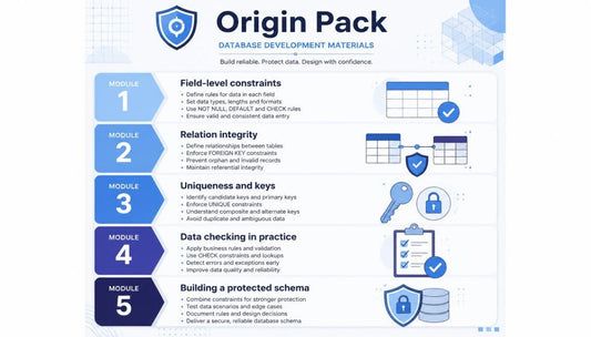 An infographic titled 'Origin Pack' with blue and white graphics, listing five modules for database development materials: Field-level constraints, Relation integrity, Uniqueness and keys, Data checking in practice, and Building a protected schema.