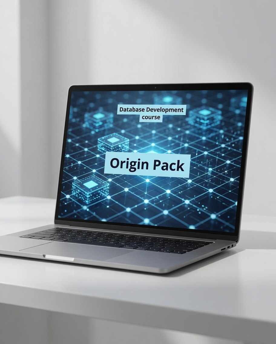 An open silver laptop on a white surface displaying a digital course graphic that reads 'Database Development course' and 'Origin Pack' on a blue network-style background.