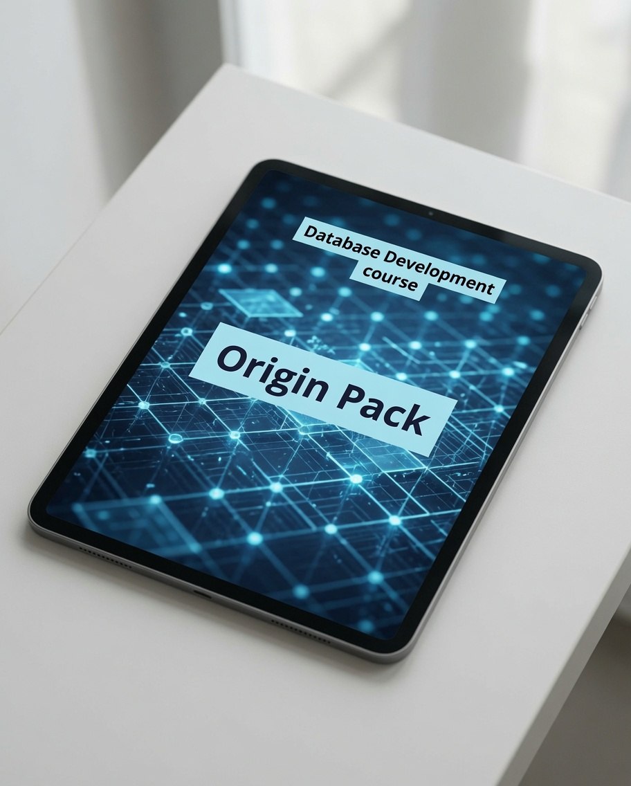 A tablet device lying on a white surface, displaying a blue digital course cover with the text 'Database Development Course' and 'Origin Pack'.