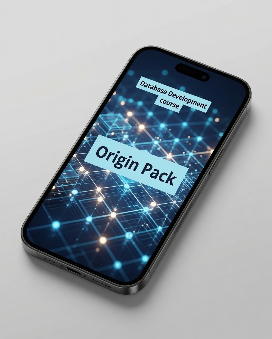 A smartphone shown at an angle on a light gray background, displaying a digital course cover with the text 'Database Development course' and 'Origin Pack'.