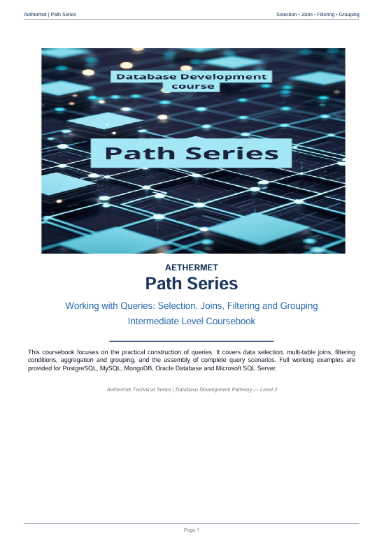 A digital cover page for an Aethernet Path Series database development course, featuring a dark blue and black grid graphic with glowing blue nodes and text reading 'Database Development Course' and 'Path Series'.