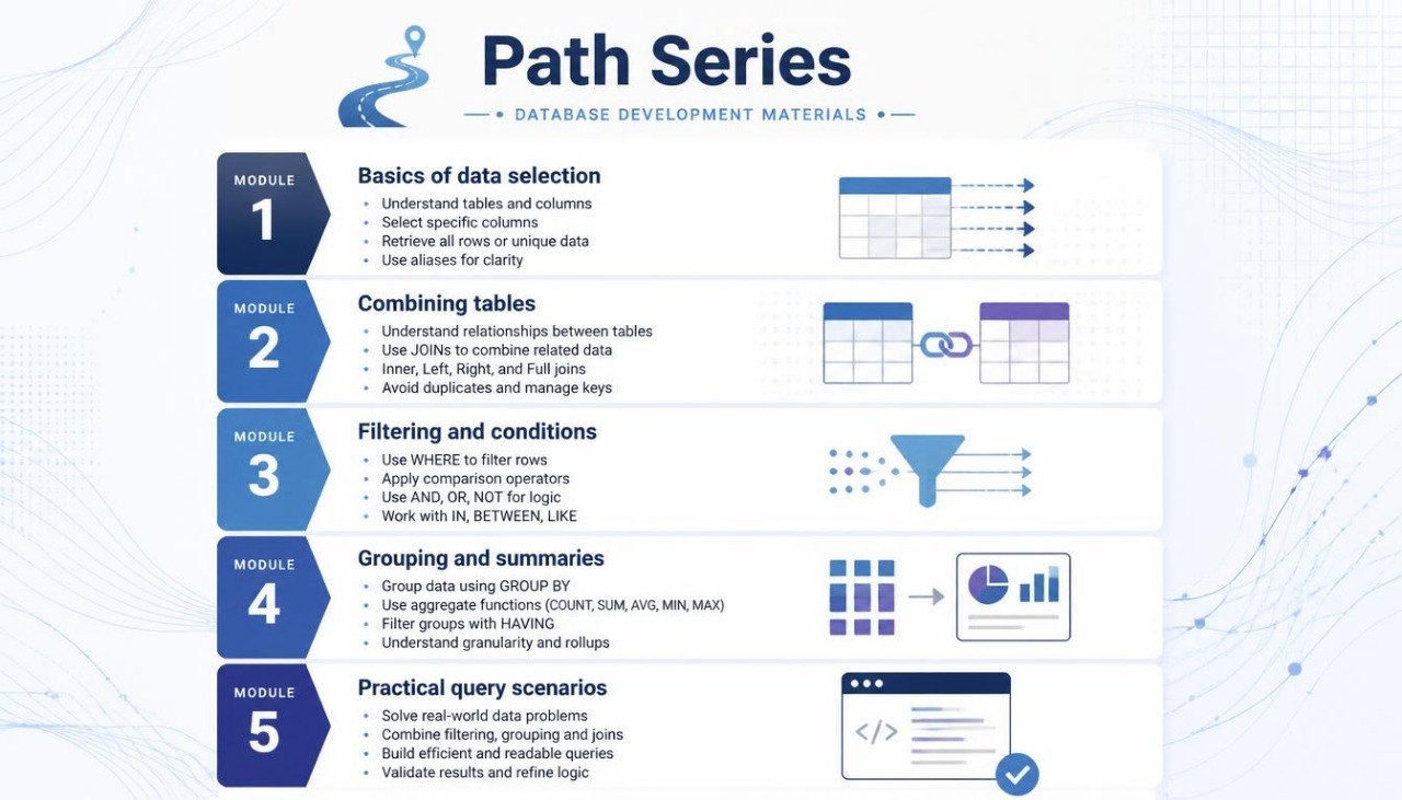 An infographic titled 'Path Series' about database development materials, showing a 5-module course outline with icons and diagrams on a light blue background.