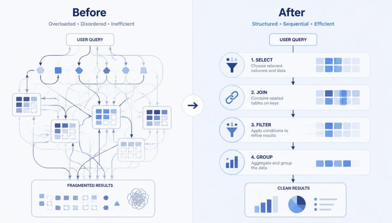 A comparison infographic showing a database query process labeled 'Before' on the left and 'After' on the right, with diagrams of fragmented results versus structured, efficient results. The left panel has a light gray background and the right panel has a very light blue background.
