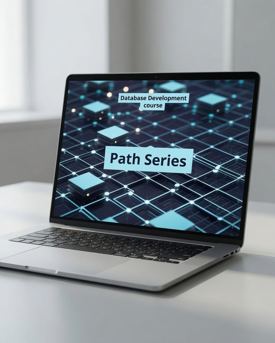 An open silver laptop on a light desk showing a course screen that reads 'Database Development course' and 'Path Series' over a dark blue network graphic.