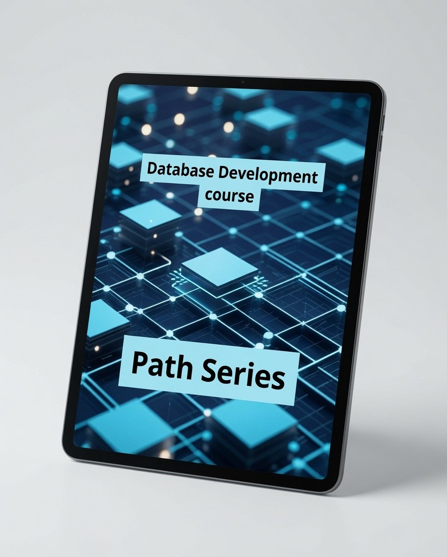 A tablet device shown at an angle on a light gray background, displaying a digital cover for a 'Database Development course' by 'Path Series' with a blue and black tech grid design.