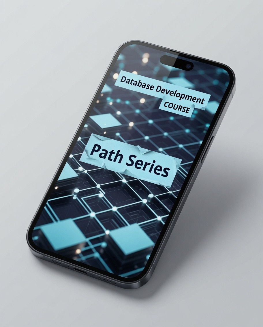 A black smartphone angled on a light gray surface, displaying a digital course cover with the text 'Database Development Course' and 'Path Series' over a dark blue and cyan network graphic.