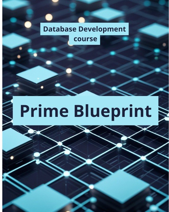 Digital cover graphic for a 'Database Development course' titled 'Prime Blueprint', featuring a 3D isometric network of glowing blue and cyan cubes on a dark background.
