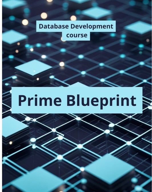 Digital cover graphic for a 'Database Development course' titled 'Prime Blueprint', featuring a 3D isometric network of glowing blue and cyan cubes on a dark background.