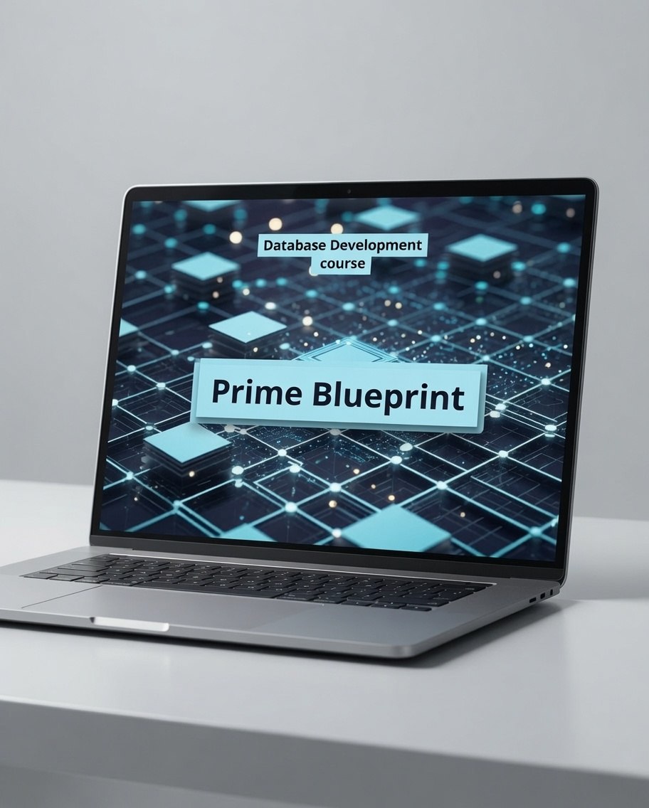 A silver laptop sits open on a white surface against a light gray background, displaying a digital course cover that reads 'Database Development course' and 'Prime Blueprint'.