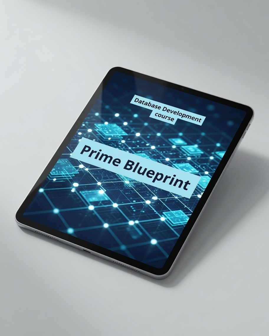A tablet device shown at an angle on a light gray surface, displaying a course cover titled "Database Development course" and "Prime Blueprint" in blue and white text over a digital network graphic.