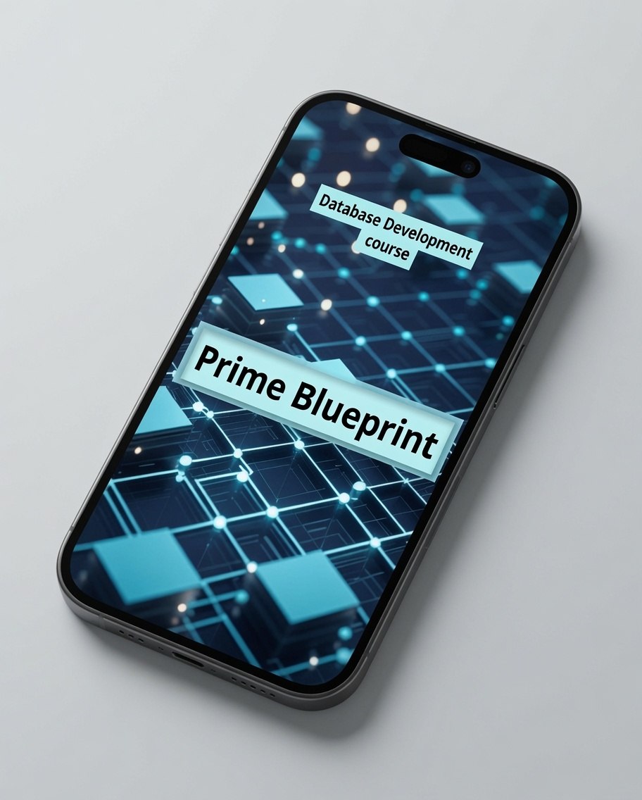 A smartphone shown at an angle on a light gray background, displaying a digital course cover with the text 'Database Development course' and 'Prime Blueprint' over a blue tech-style network graphic.