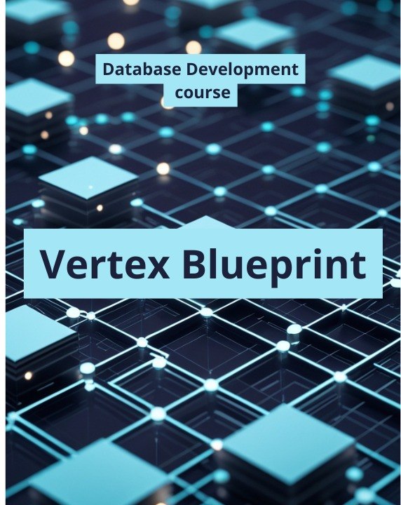 A digital cover graphic for a 'Database Development course' titled 'Vertex Blueprint', featuring a 3D network of glowing blue and cyan cubes on a dark background.
