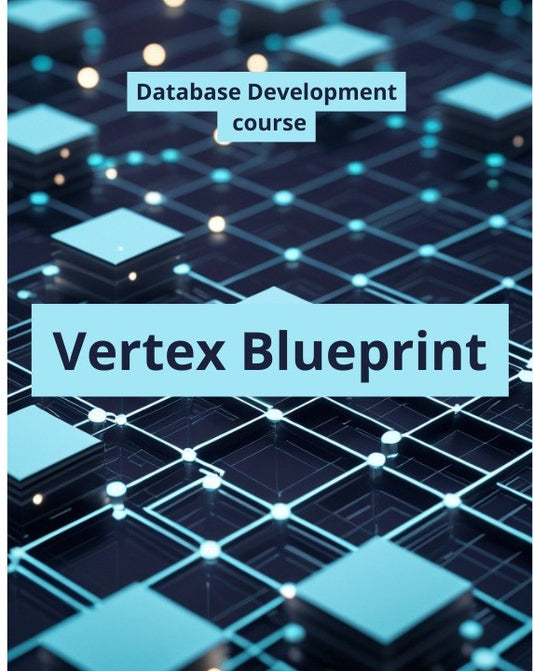 A digital cover graphic for a 'Database Development course' titled 'Vertex Blueprint', featuring a 3D network of glowing blue and cyan cubes on a dark background.