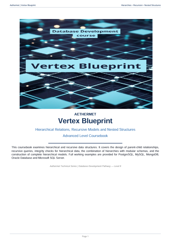 A digital preview of a book cover for 'Vertex Blueprint' by Aethemet, part of the Database Development Course. The cover features a dark blue and black background with a glowing network graphic and white text.