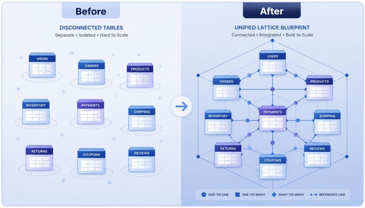 A before-and-after database schema comparison graphic. The left side, labeled 'Before', shows multiple disconnected table icons such as users, orders, products, and payments.