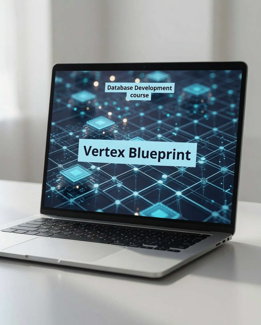 An open silver laptop on a light surface, displaying a course graphic that reads 'Database Development course' and 'Vertex Blueprint' over a glowing blue network pattern.
