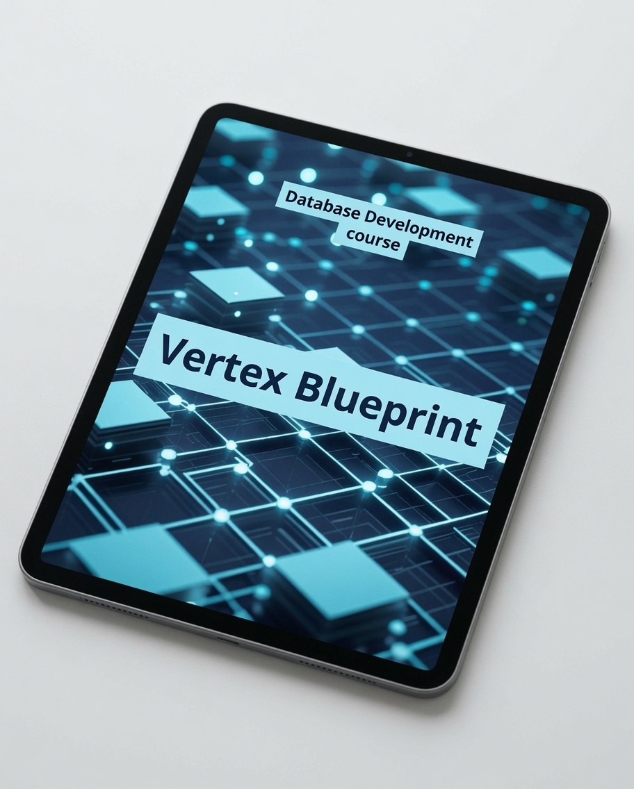 A tablet device shown at an angle on a light gray background, displaying a digital cover for a 'Database Development course' titled 'Vertex Blueprint' with a blue and cyan network graphic.