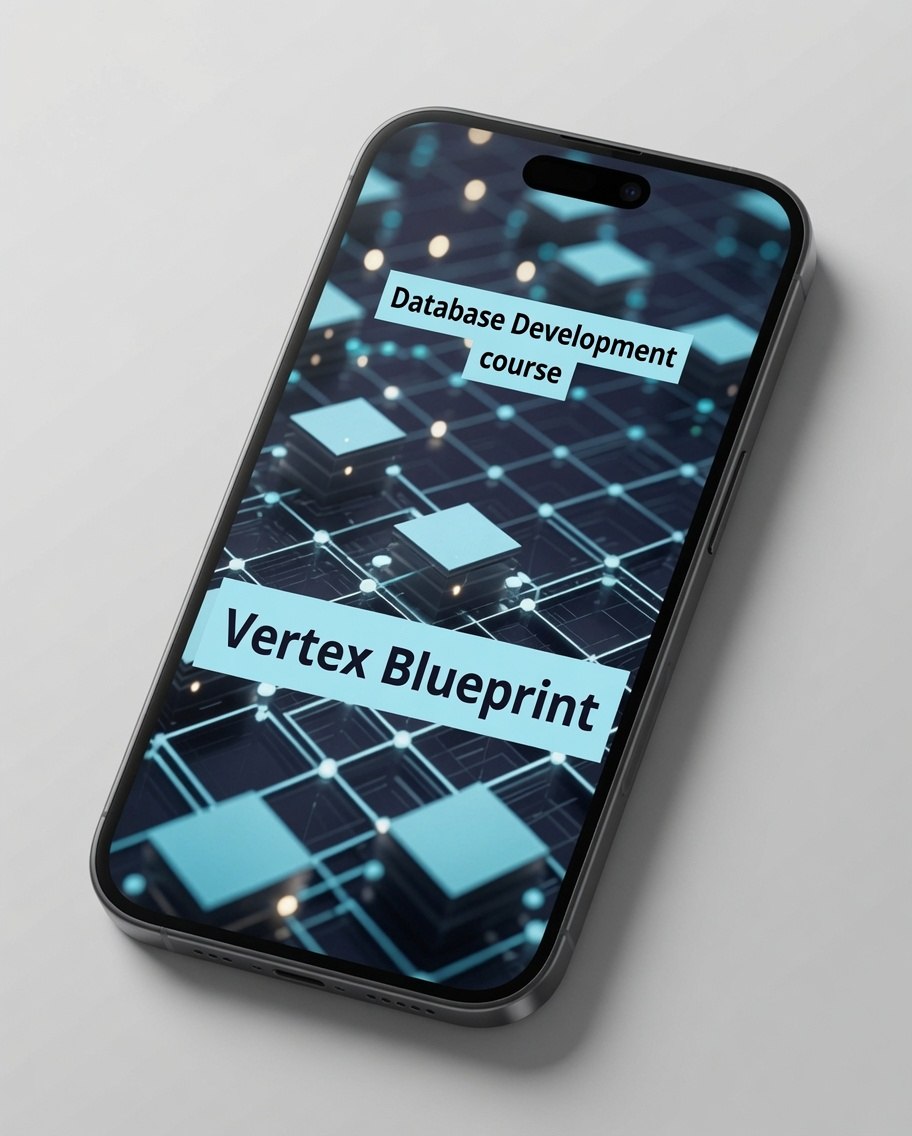 A smartphone shown at an angle on a light gray background, displaying a digital course cover with the text 'Database Development course' and 'Vertex Blueprint'.
